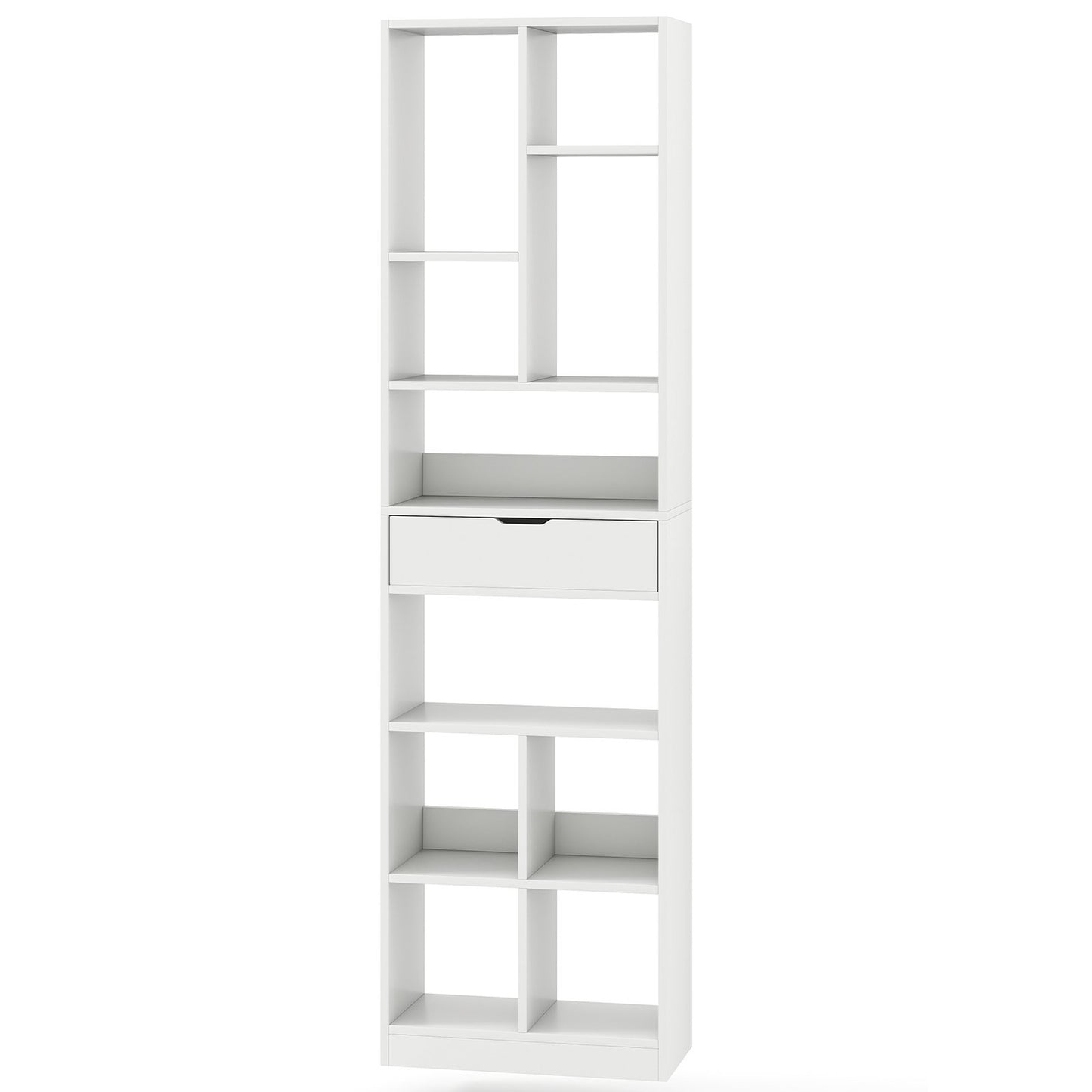 180cm White Bookshelf with Drawer and 10 Open Shelves
