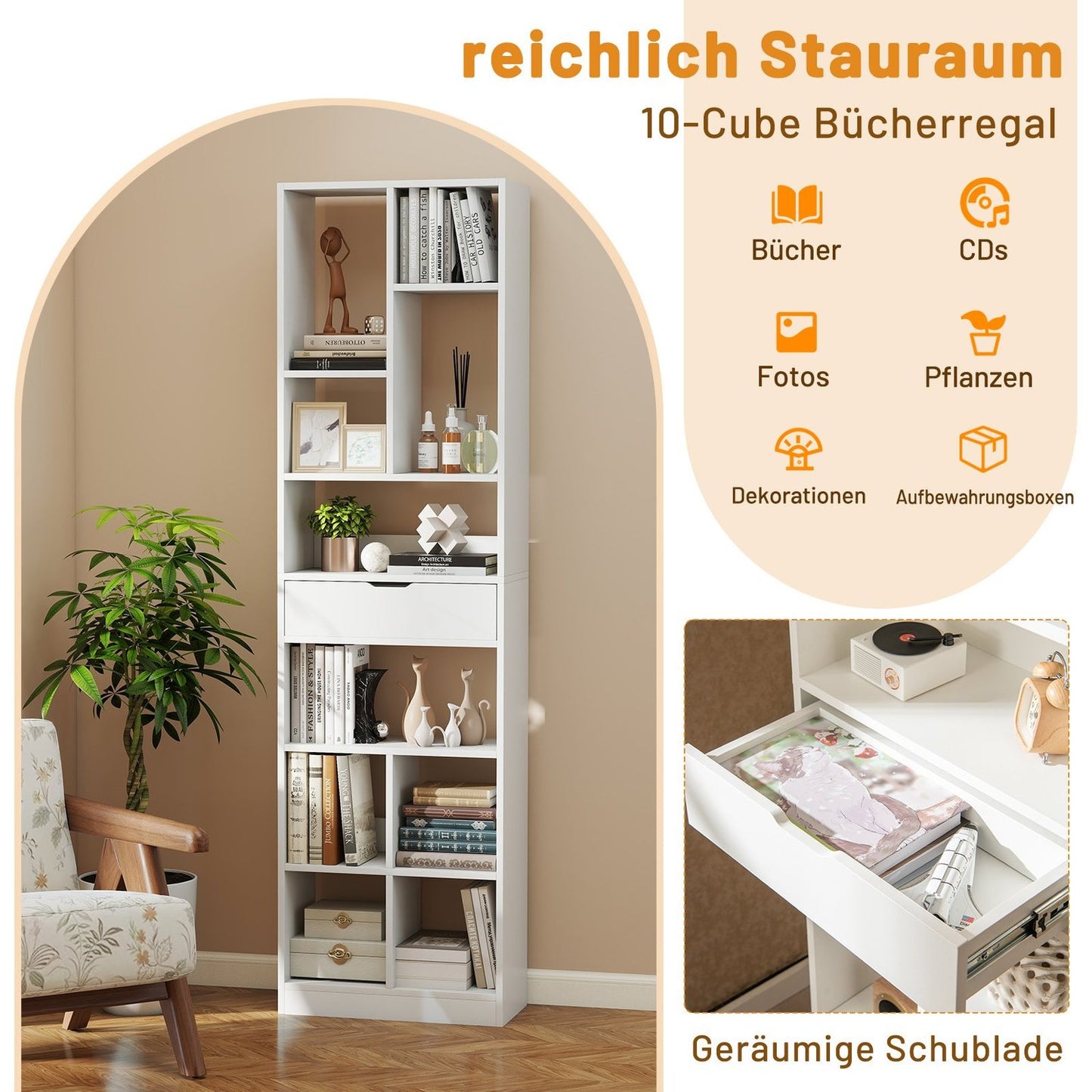 180cm White Bookshelf with Drawer and 10 Open Shelves