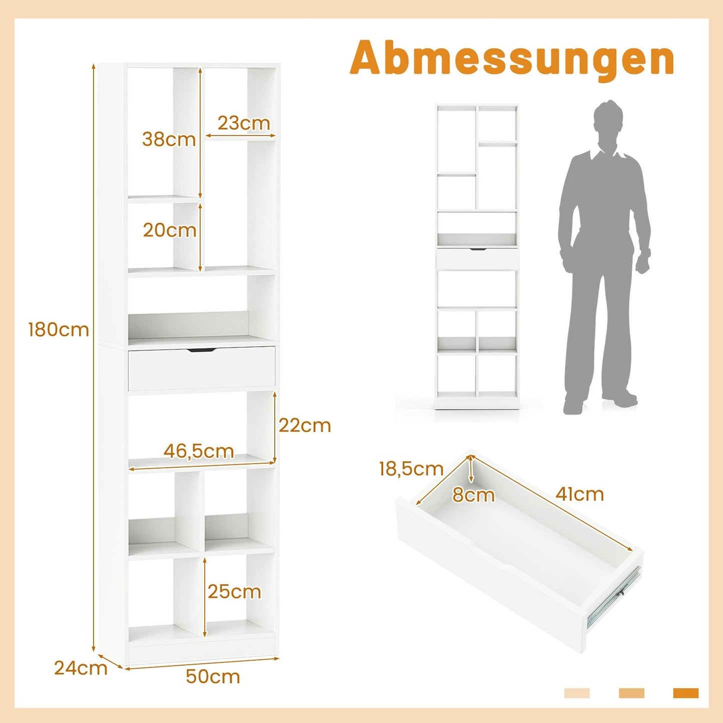 180cm White Bookshelf with Drawer and 10 Open Shelves