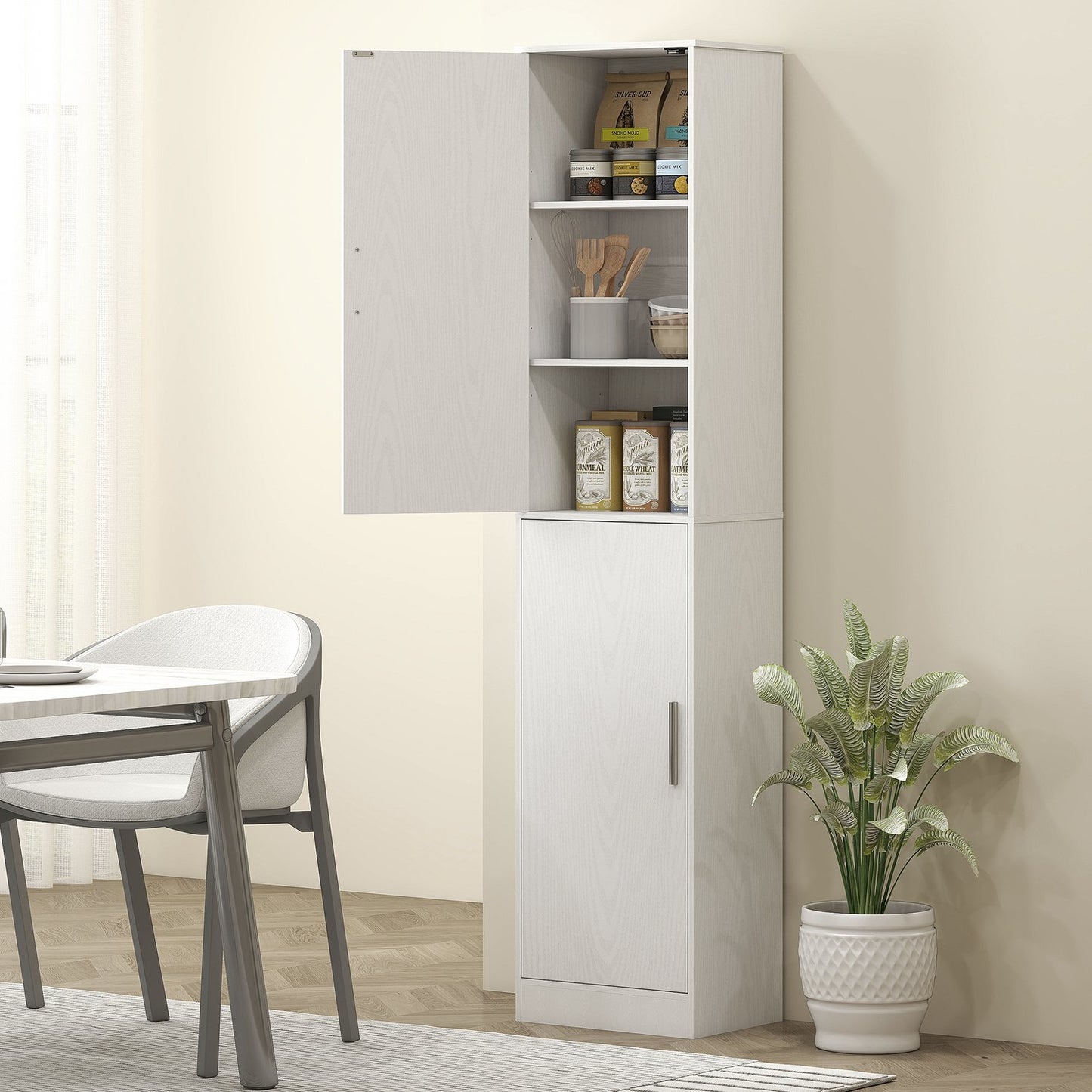 180 cm high bathroom cabinet, narrow bathroom cabinet with 2 doors, 4 adjustable shelves, chipboard, MDF, white