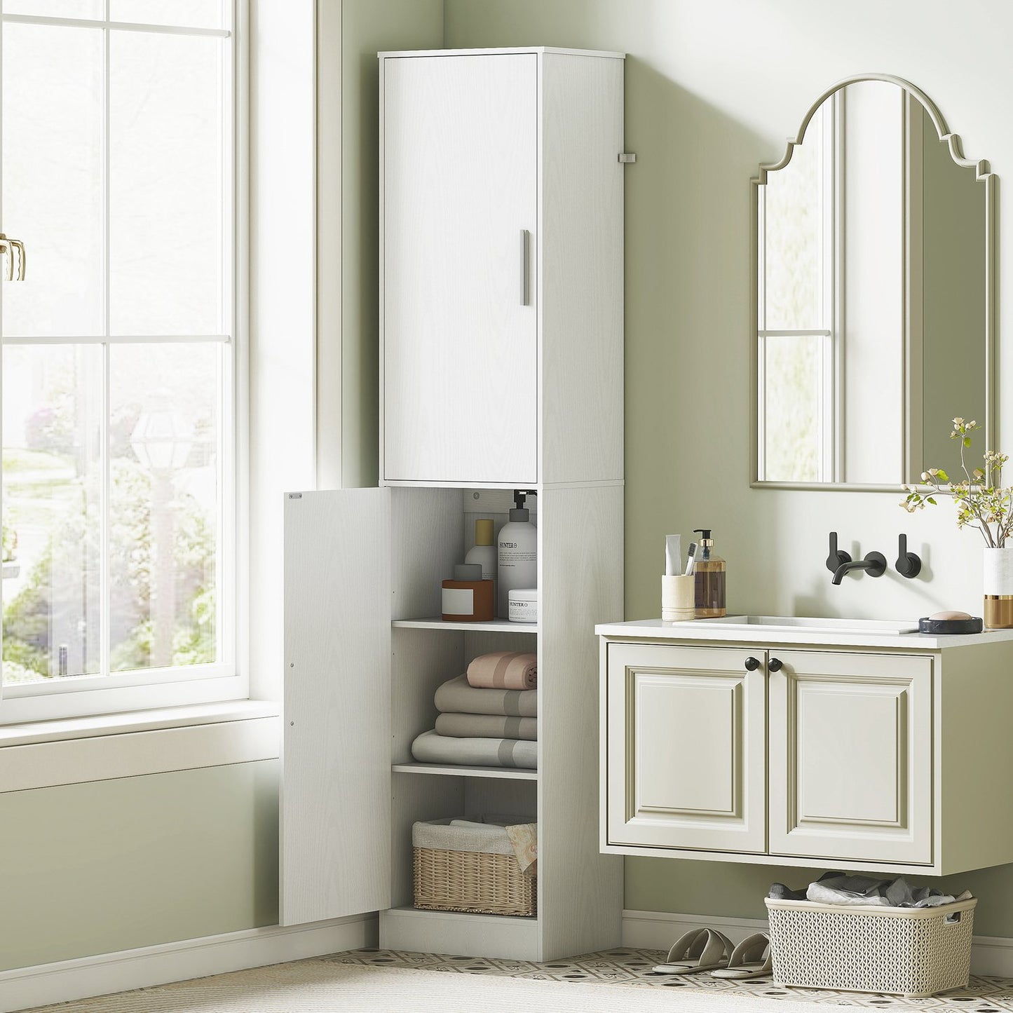 180 cm high bathroom cabinet, narrow bathroom cabinet with 2 doors, 4 adjustable shelves, chipboard, MDF, white