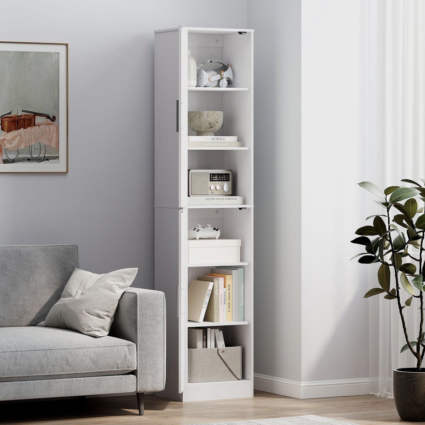 180 cm high bathroom cabinet, narrow bathroom cabinet with 2 doors, 4 adjustable shelves, chipboard, MDF, white