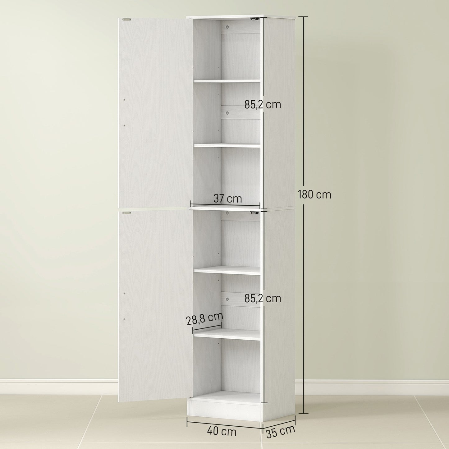 180 cm high bathroom cabinet, narrow bathroom cabinet with 2 doors, 4 adjustable shelves, chipboard, MDF, white