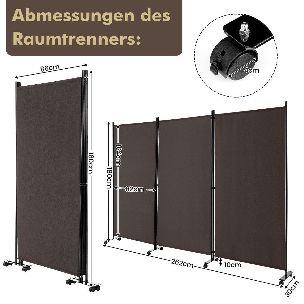 180 cm high room divider on wheels, folding screen with 3 freely combinable panels, brown