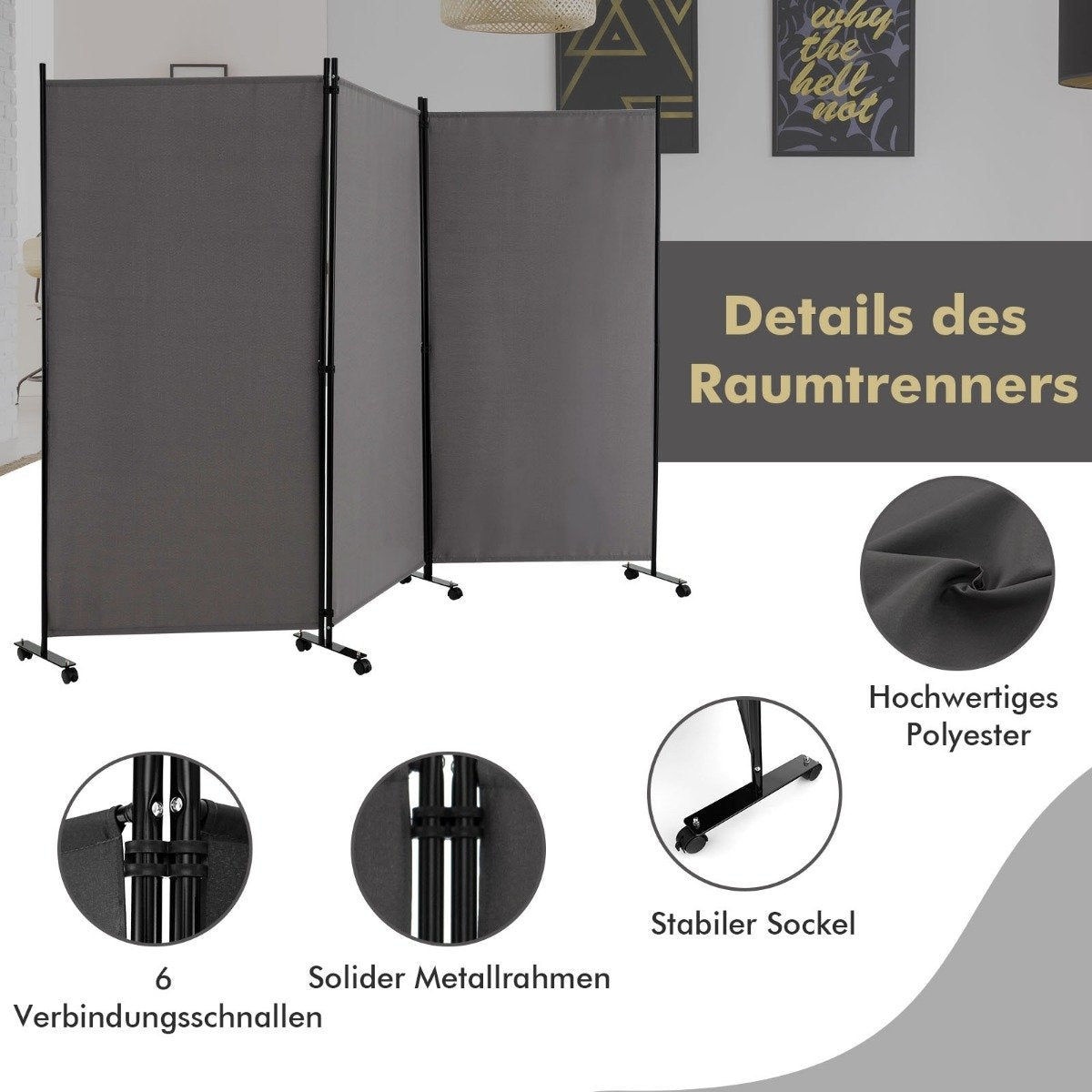 180 cm high room divider on wheels, folding screen with 3 freely combinable panels, grey