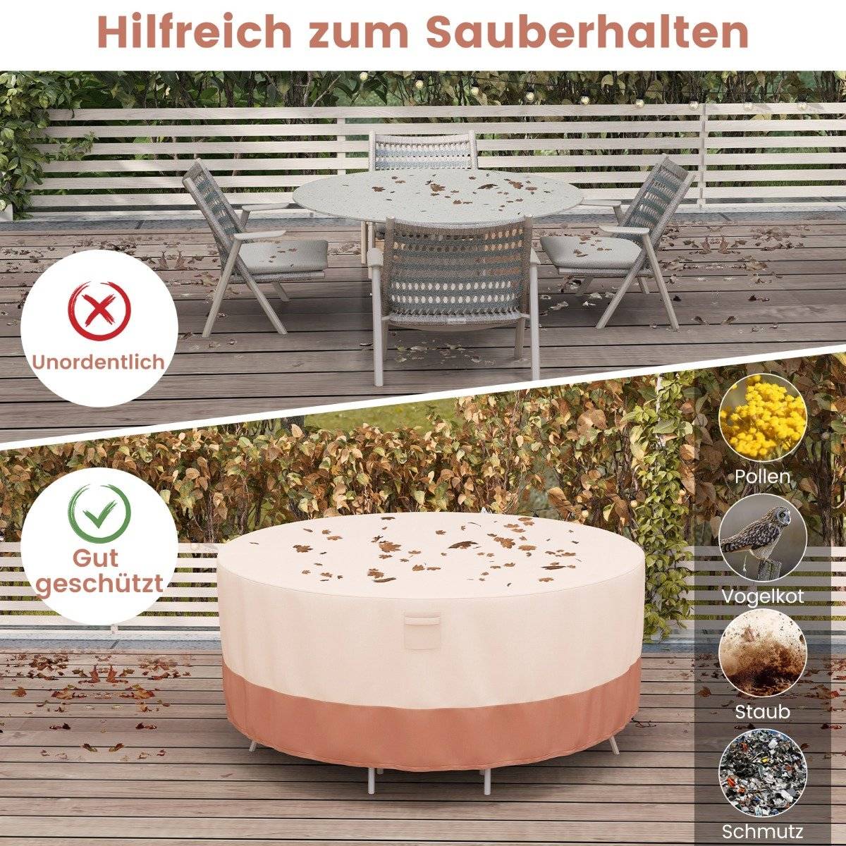 Ø 183 cm Round patio furniture cover with ventilation slots & buckles & cords beige
