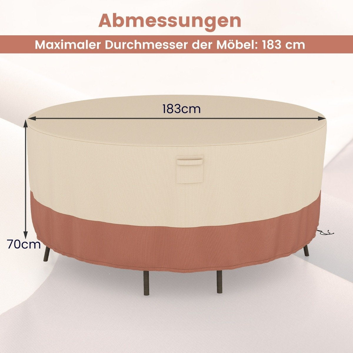 Ø 183 cm Round patio furniture cover with ventilation slots & buckles & cords beige