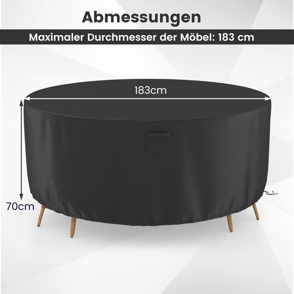 Ø 183 cm Round patio furniture cover with ventilation slots & buckles & cords black