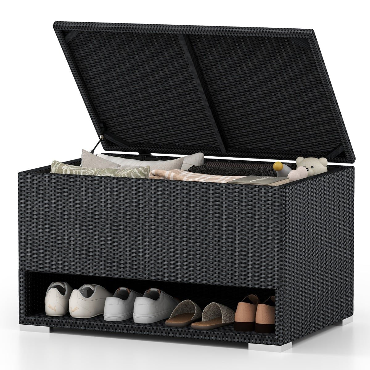 186L Black Rattan Storage Box with Shoe Rack & Liner