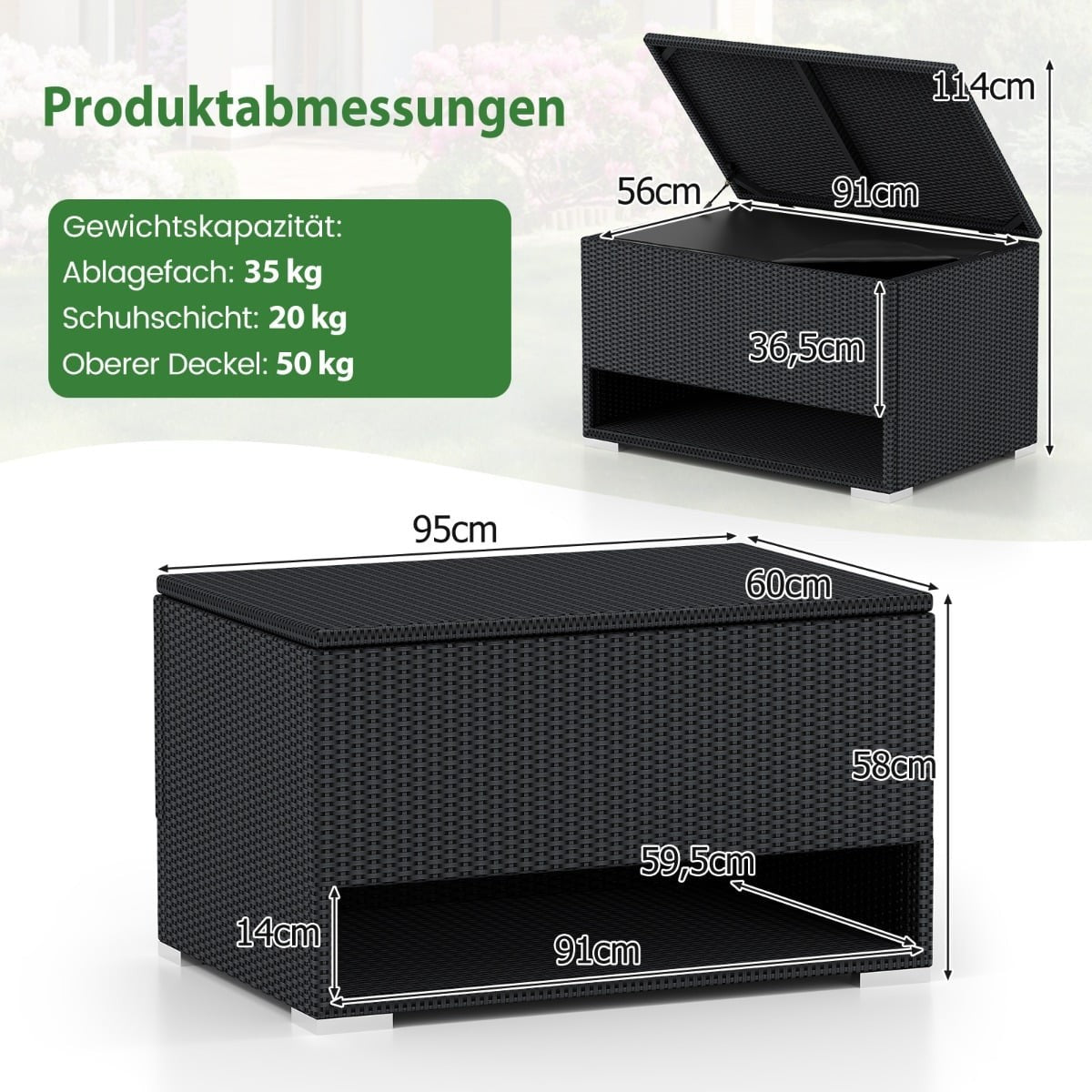 186L Black Rattan Storage Box with Shoe Rack & Liner