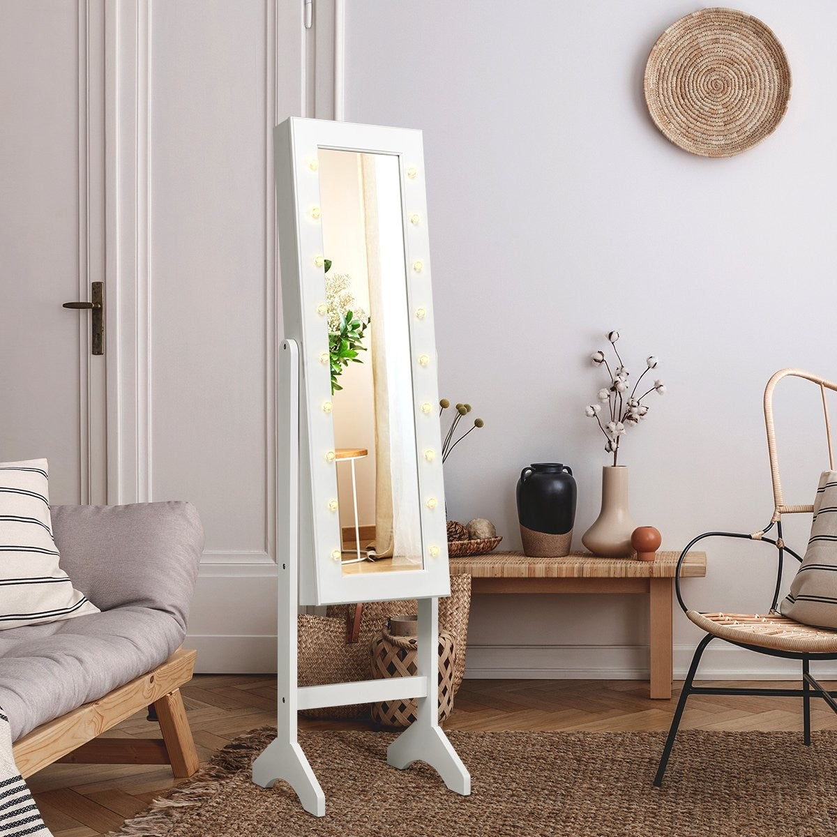 18 LED jewelry cabinet tilt-adjustable jewelry shelf mirror cabinet for makeup white
