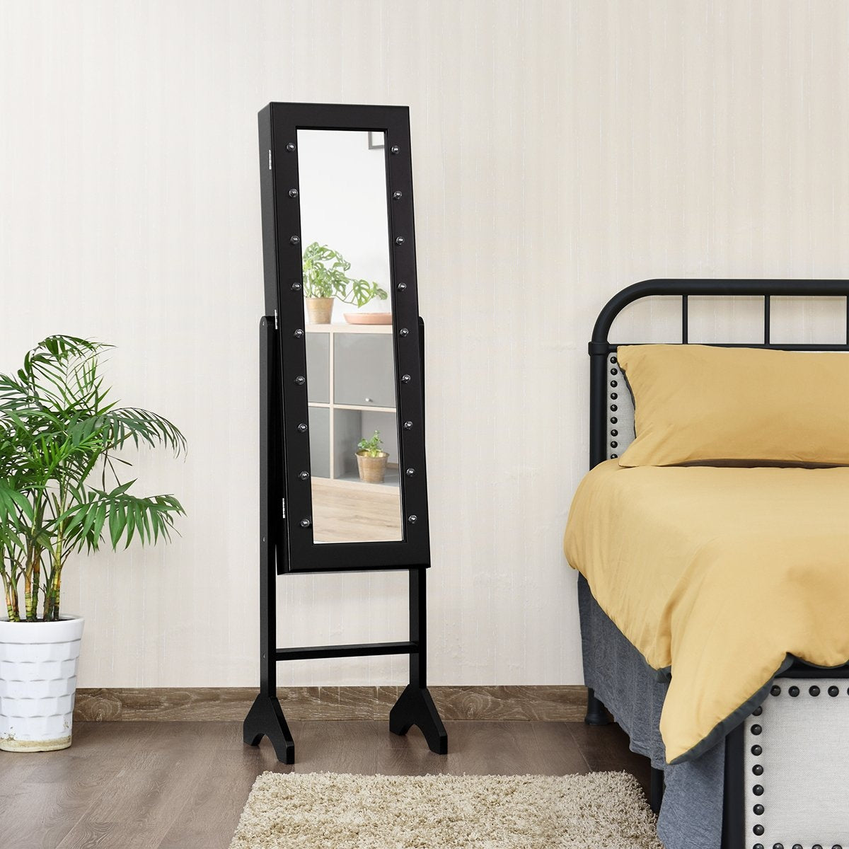 18 LED jewelry cabinet tilt-adjustable standing design jewelry shelf with full-length mirror 35 × 31.5 x 145 cm black