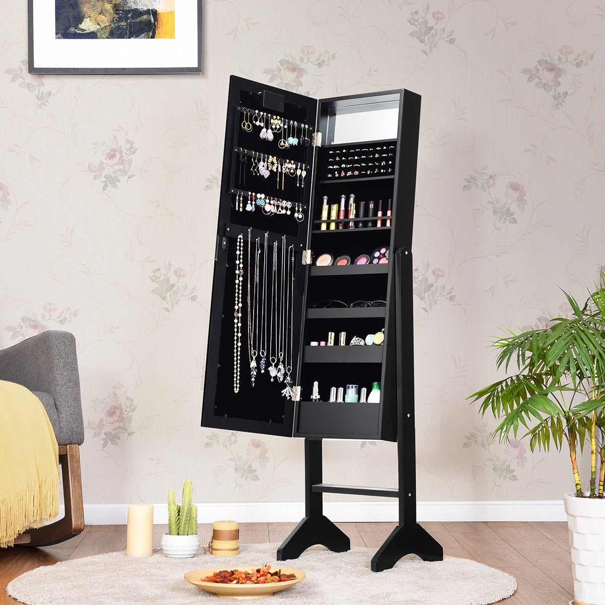 18 LED jewelry cabinet tilt-adjustable standing design jewelry shelf with full-length mirror 35 × 31.5 x 145 cm black