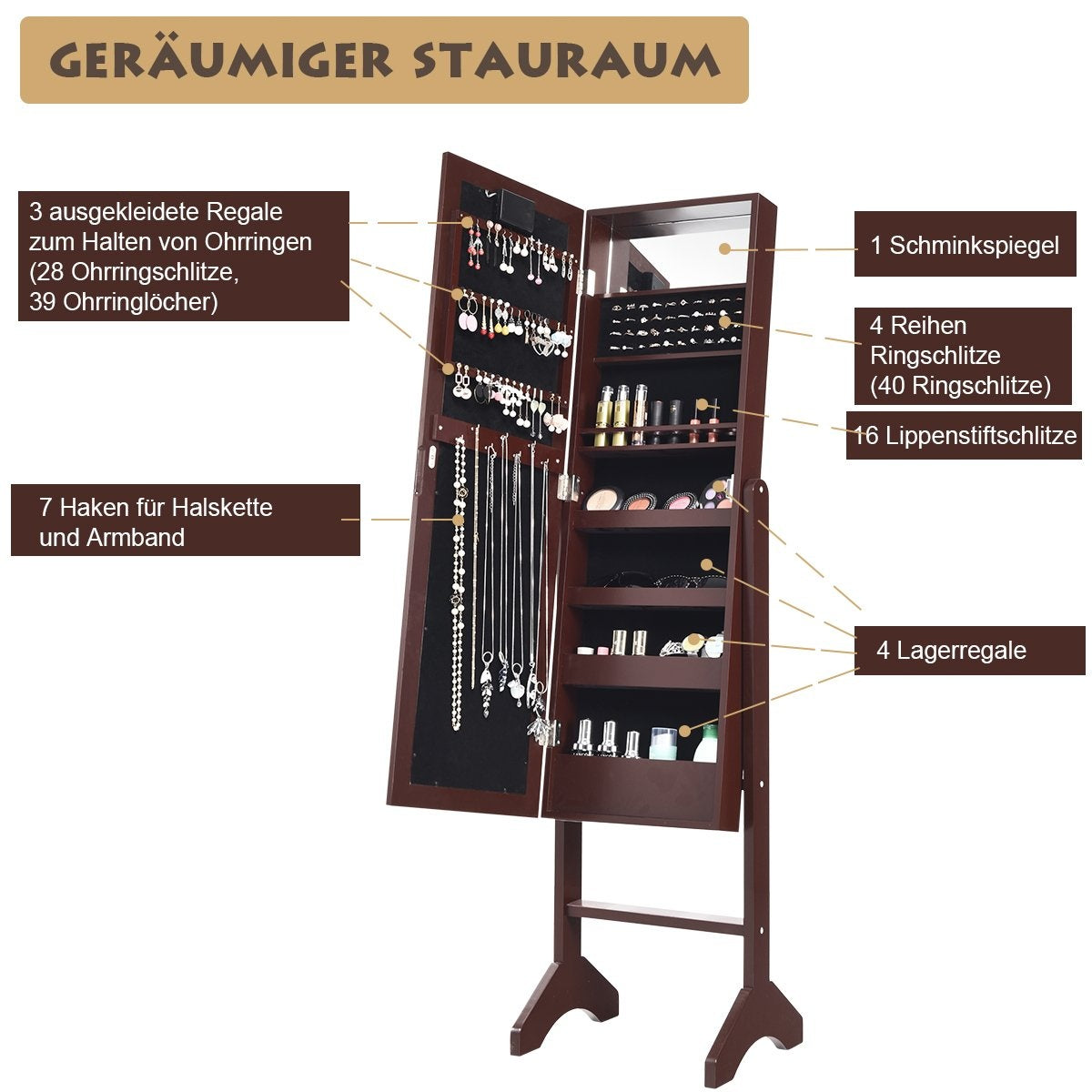 18 LED jewelry cabinet with full-length mirror & makeup mirror tilt-adjustable brown