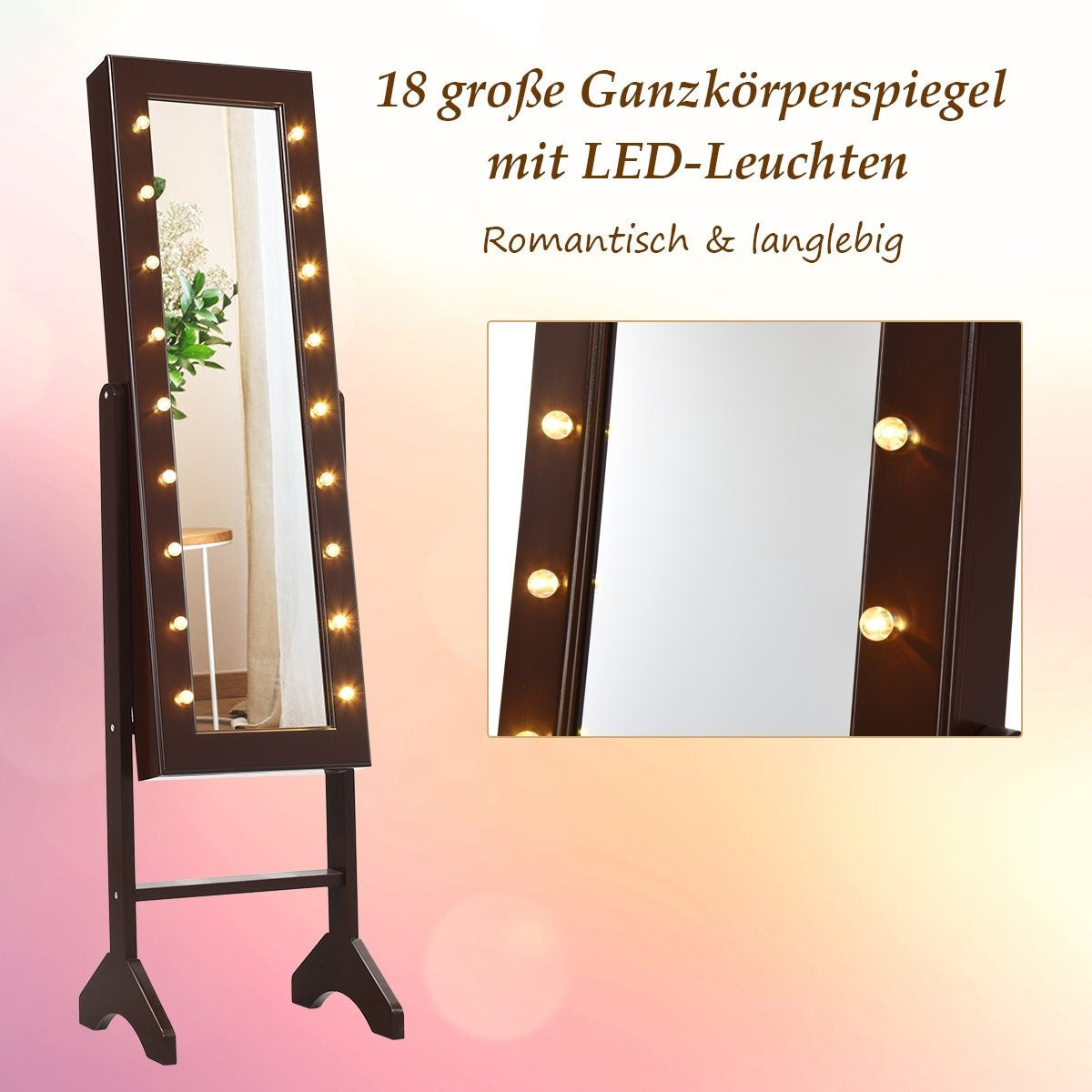 18 LED jewelry cabinet with full-length mirror & makeup mirror tilt-adjustable brown