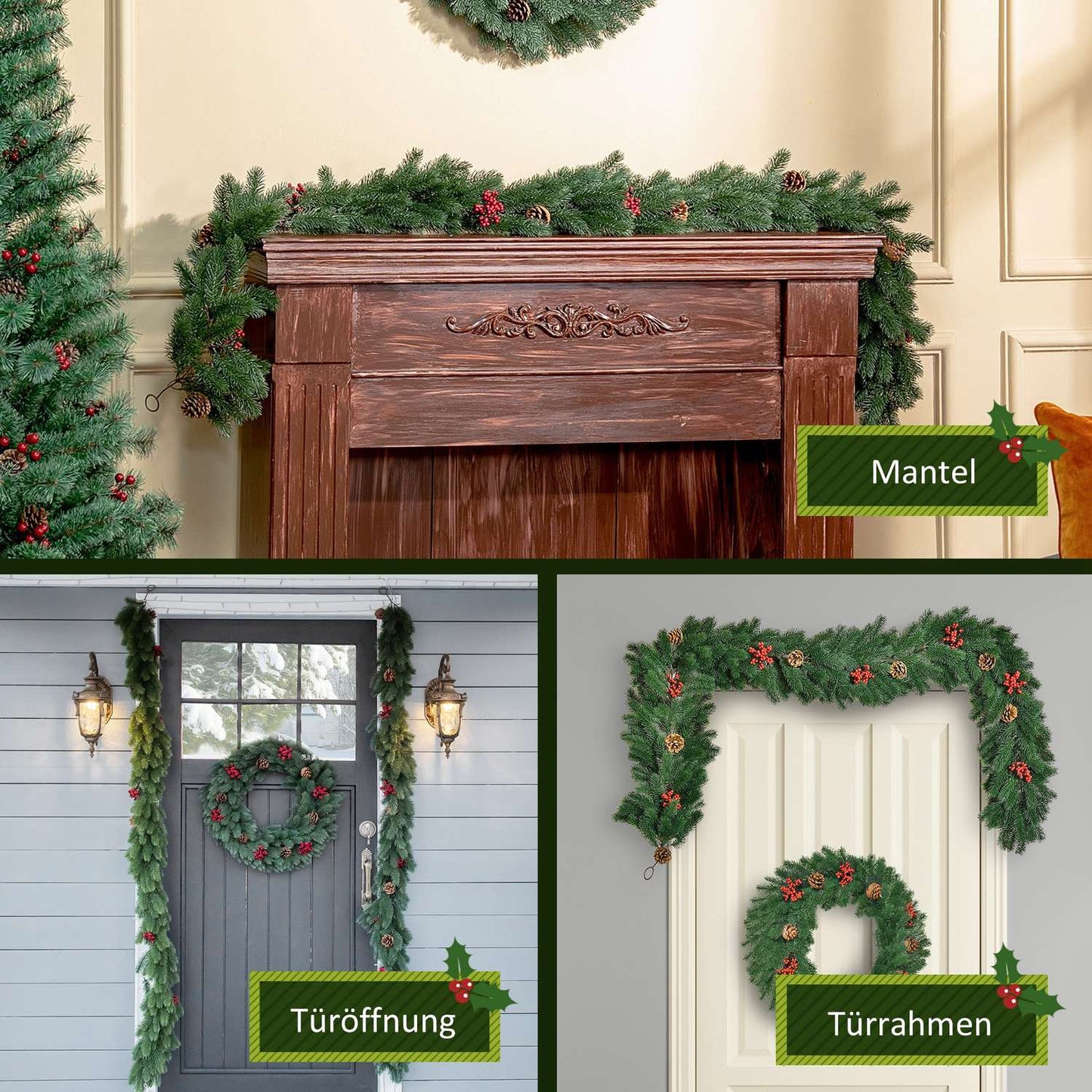 Artificial Christmas garland with pine cones and berries, 1.9M