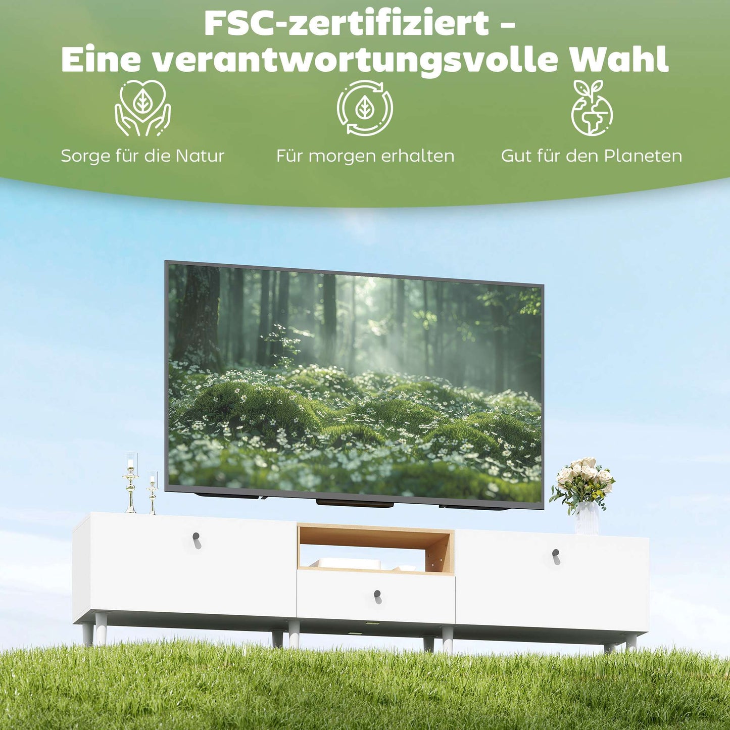 200 cm TV Stand for 90-Inch TVs, 2 Doors, Drawer, White
