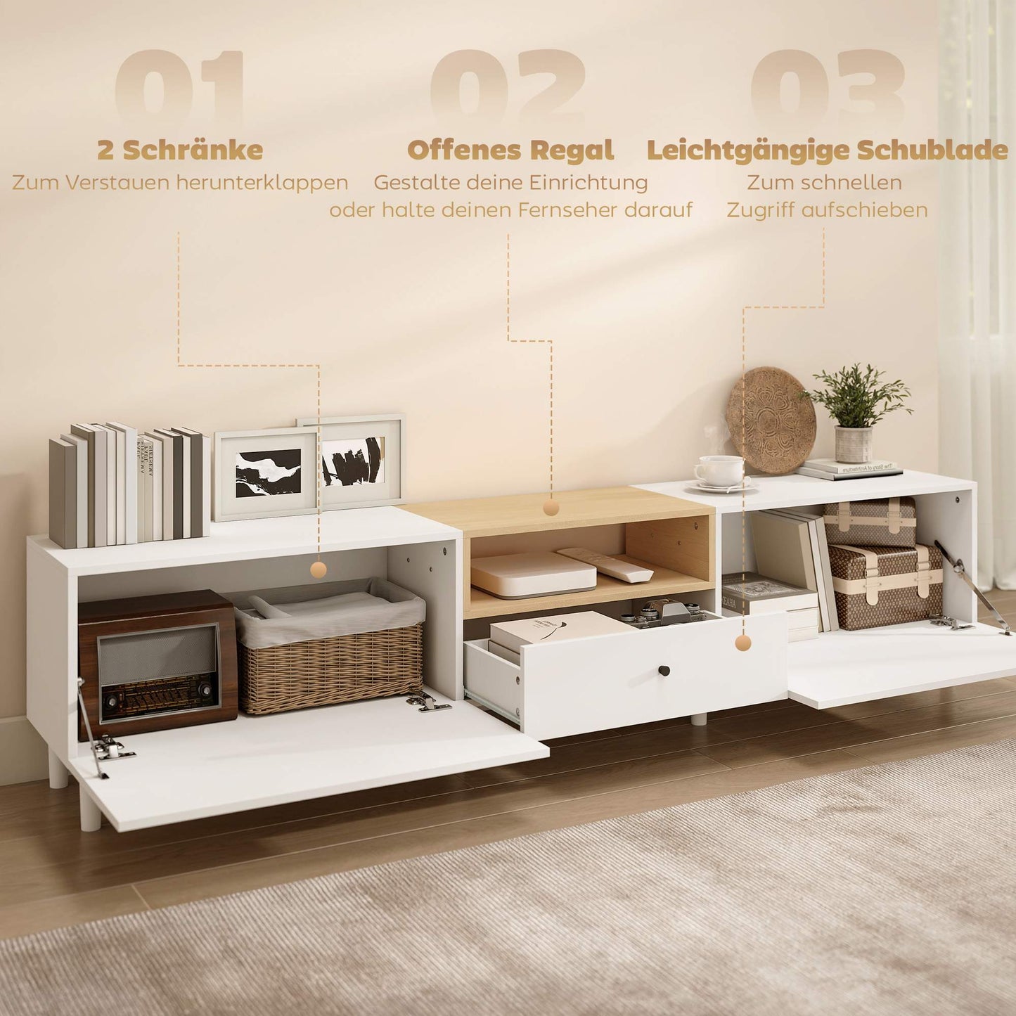 200 cm TV Stand for 90-Inch TVs, 2 Doors, Drawer, White