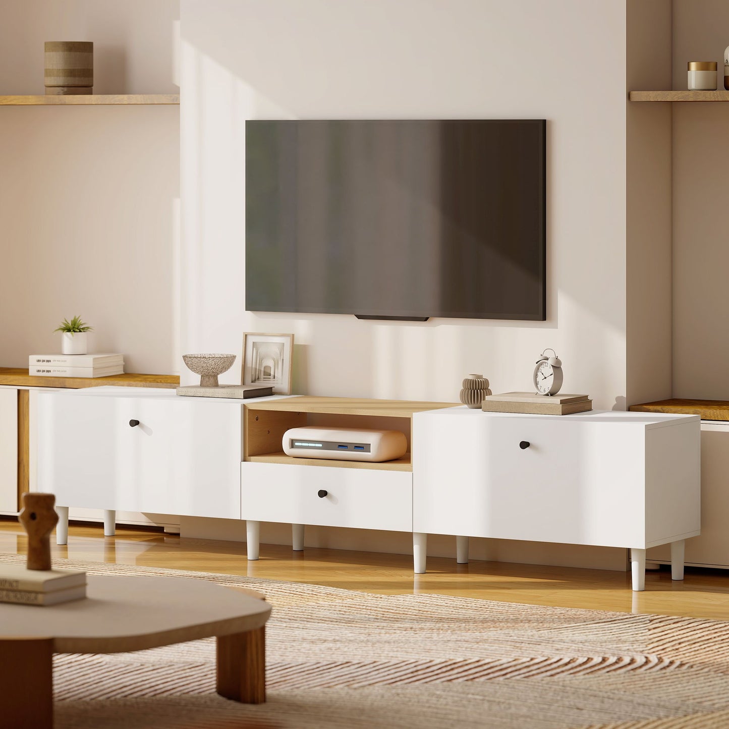 200 cm TV Stand for 90-Inch TVs, 2 Doors, Drawer, White
