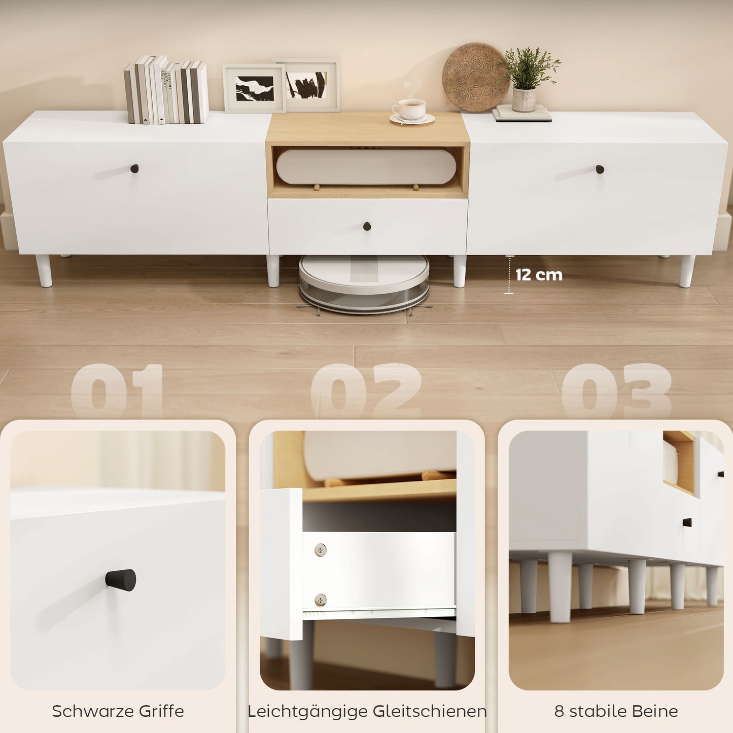 200 cm TV Stand for 90-Inch TVs, 2 Doors, Drawer, White