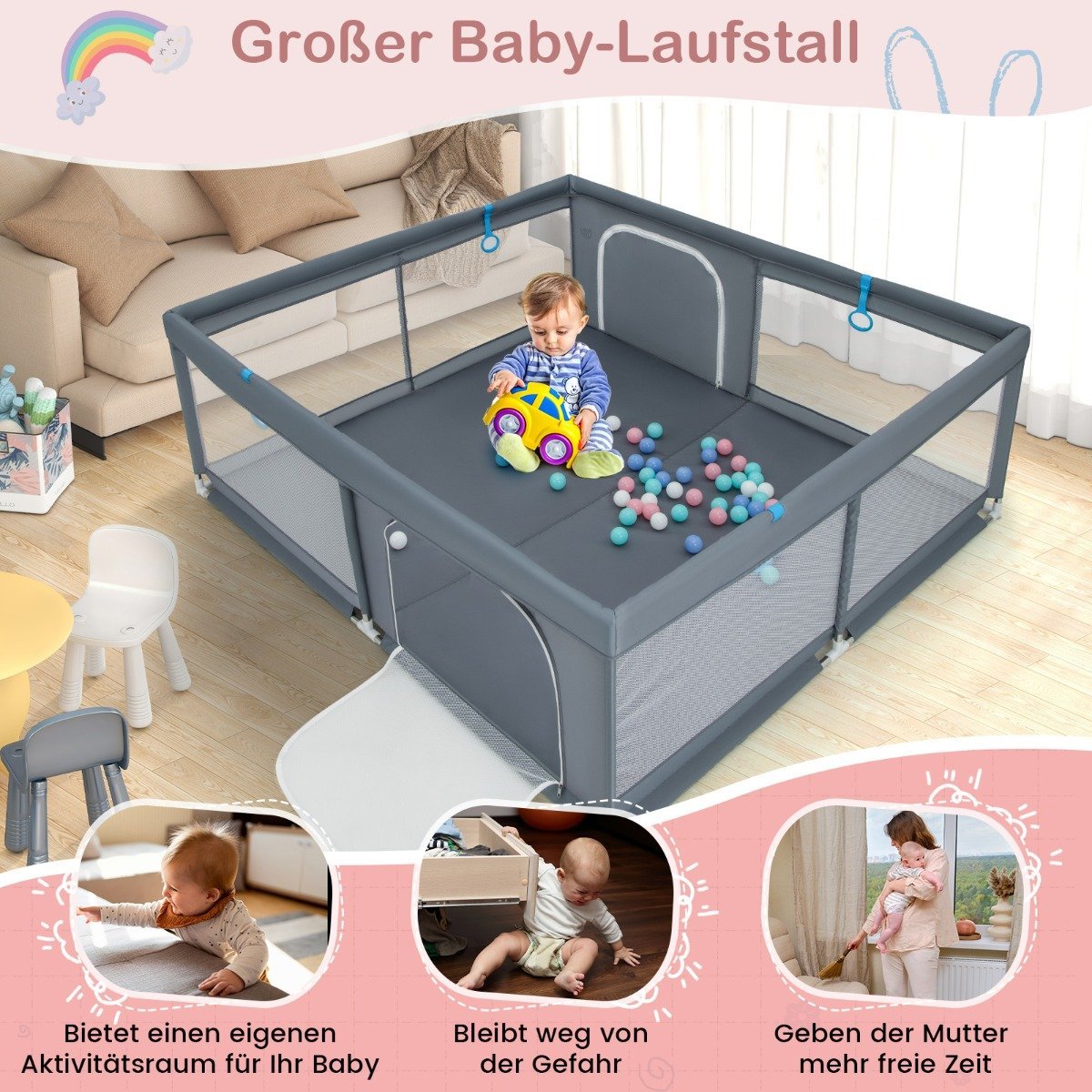 200 x 180 cm Baby Playpen with 50 Ocean Balls & 4 Handles & Door Playpen Crawling Gate Grey