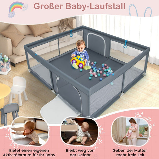 200 x 180 cm Baby Playpen with 50 Ocean Balls & 4 Handles & Door Playpen Crawling Gate Grey