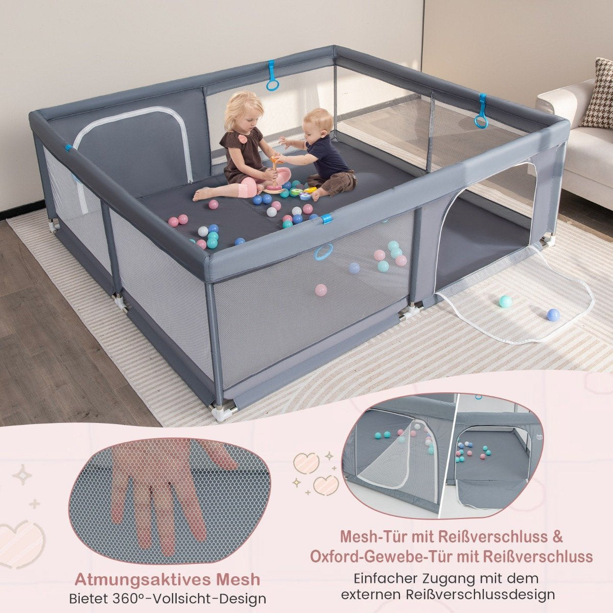 200 x 180 cm Baby Playpen with 50 Ocean Balls & 4 Handles & Door Playpen Crawling Gate Grey
