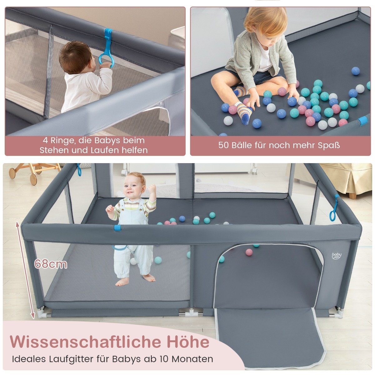 200 x 180 cm Baby Playpen with 50 Ocean Balls & 4 Handles & Door Playpen Crawling Gate Grey
