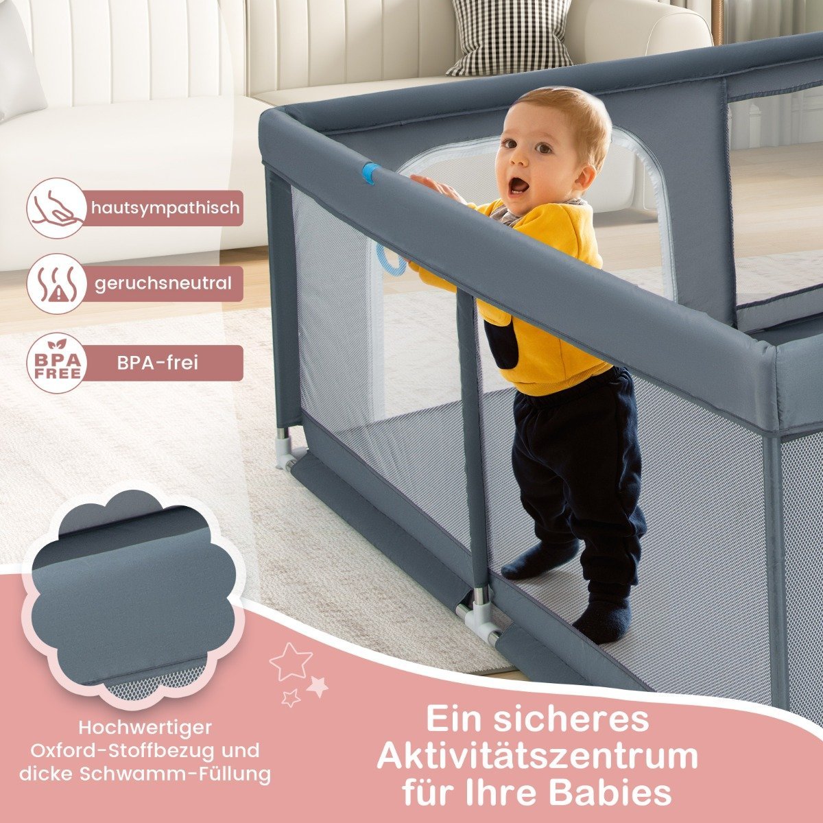 200 x 180 cm Baby Playpen with 50 Ocean Balls & 4 Handles & Door Playpen Crawling Gate Grey