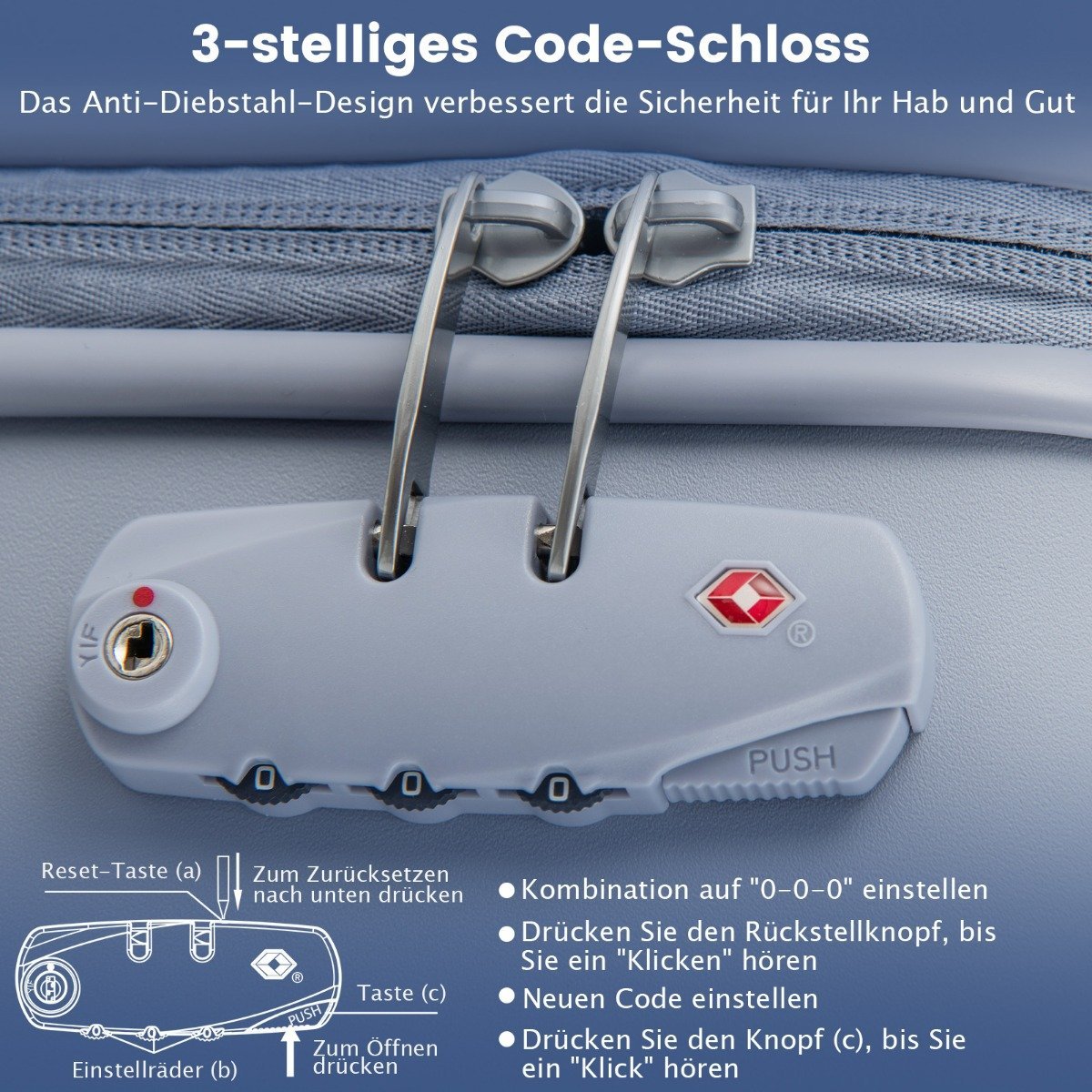 20” Carry-on Travel Suitcase with Spinner Wheels & TSA Lock PC Hard Case with Sticker 38 x 22 x 57 cm Blue