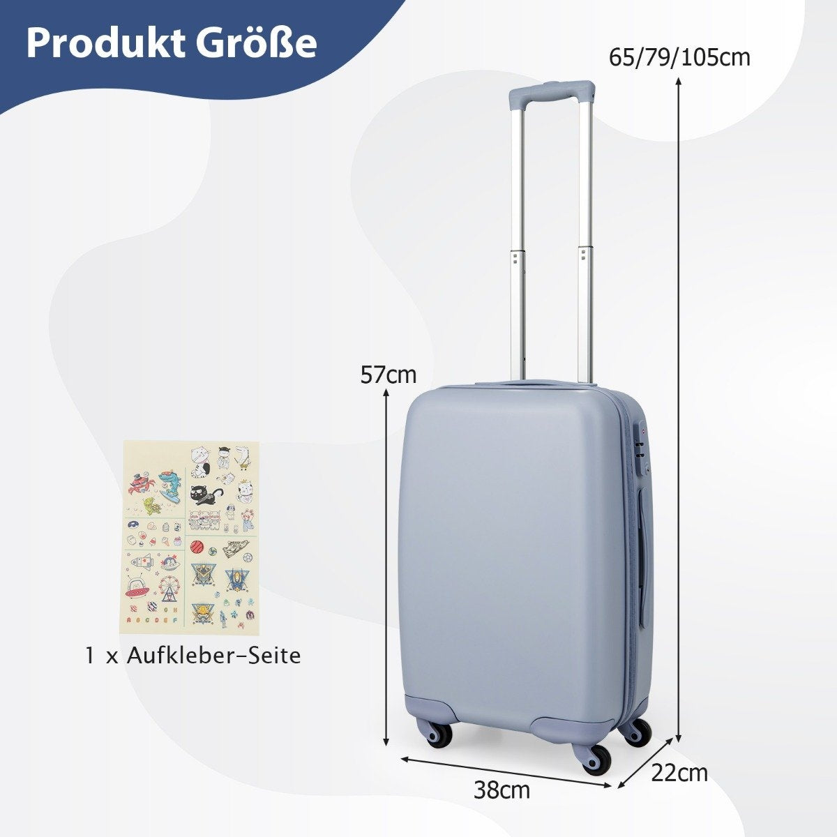 20” Carry-on Travel Suitcase with Spinner Wheels & TSA Lock PC Hard Case with Sticker 38 x 22 x 57 cm Blue