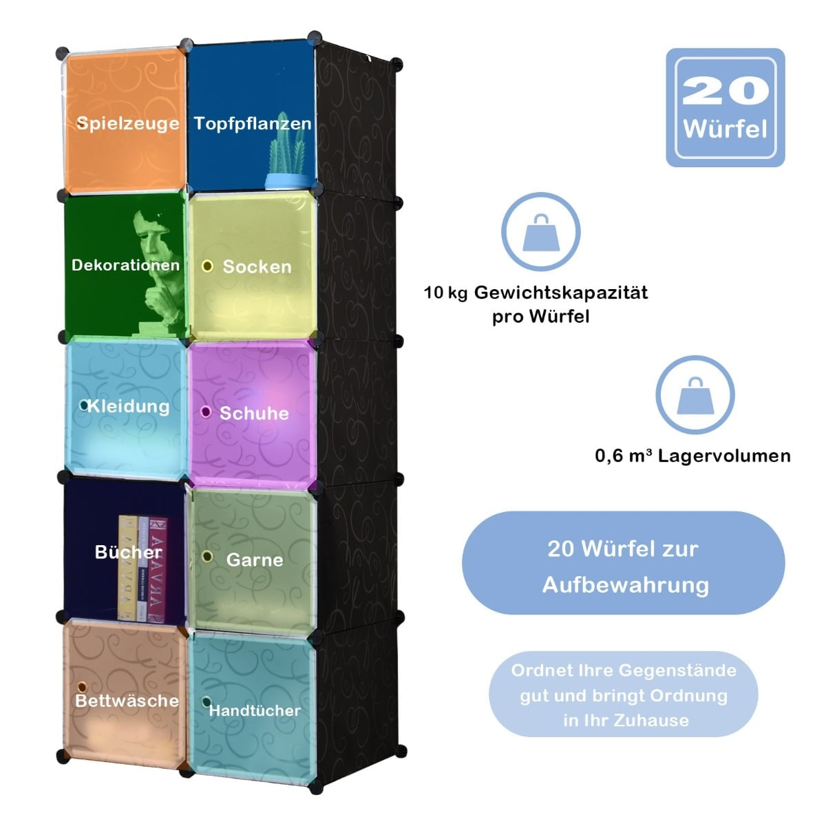 20-Cube Storage Organizer, Black, DIY Plastic Shelving
