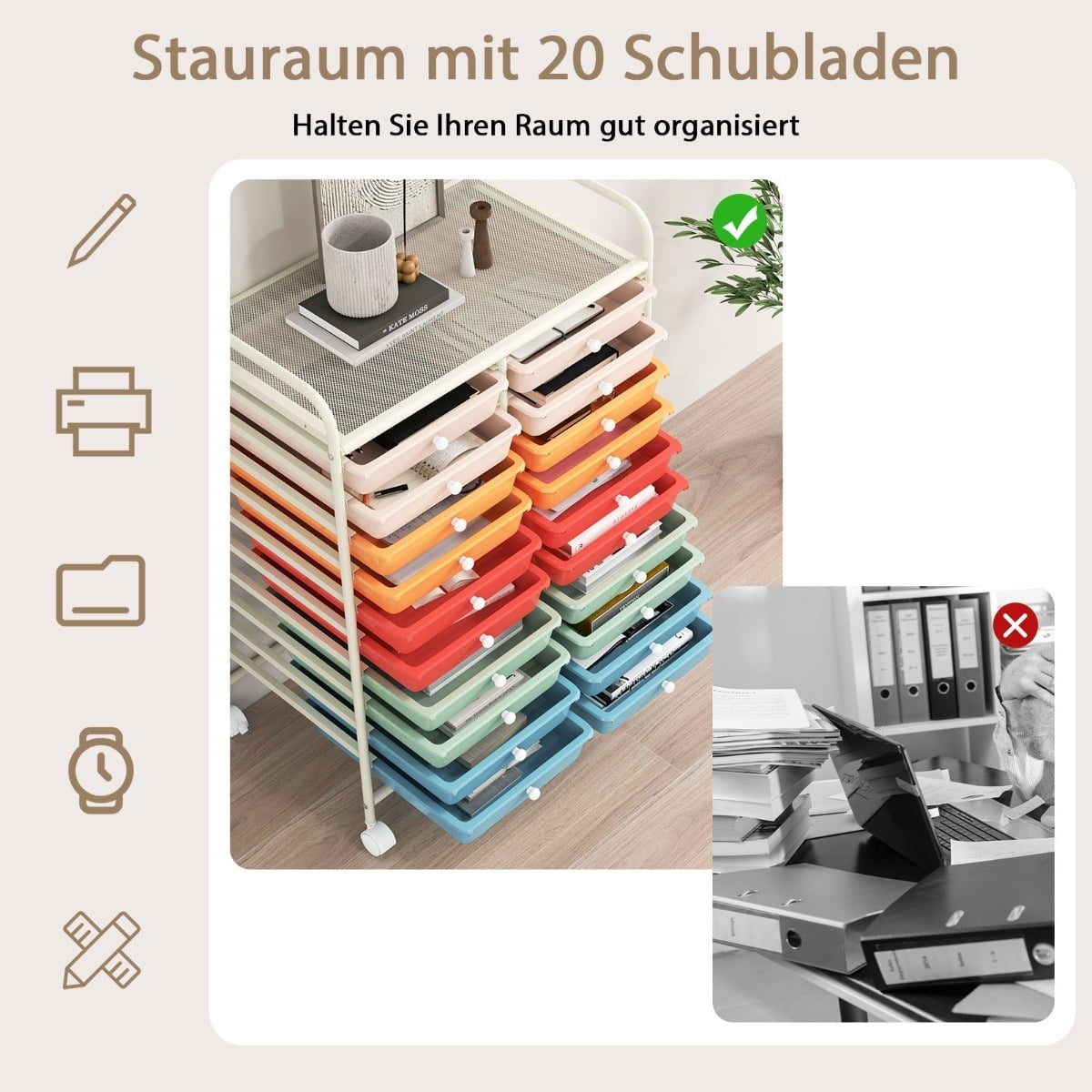 20-Drawer Rolling Cart with Metal Frame – Macaron Colors