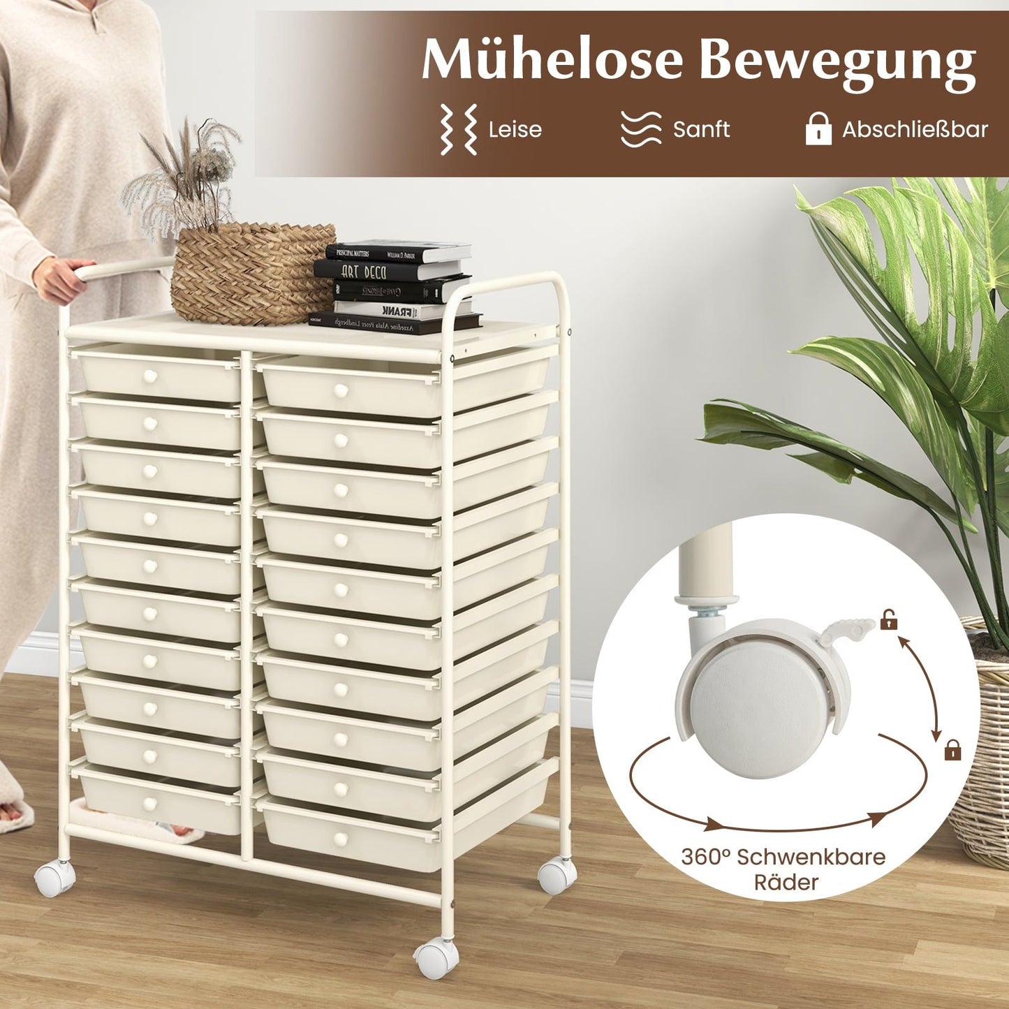 20-Drawer Rolling Cart with Metal Frame, White