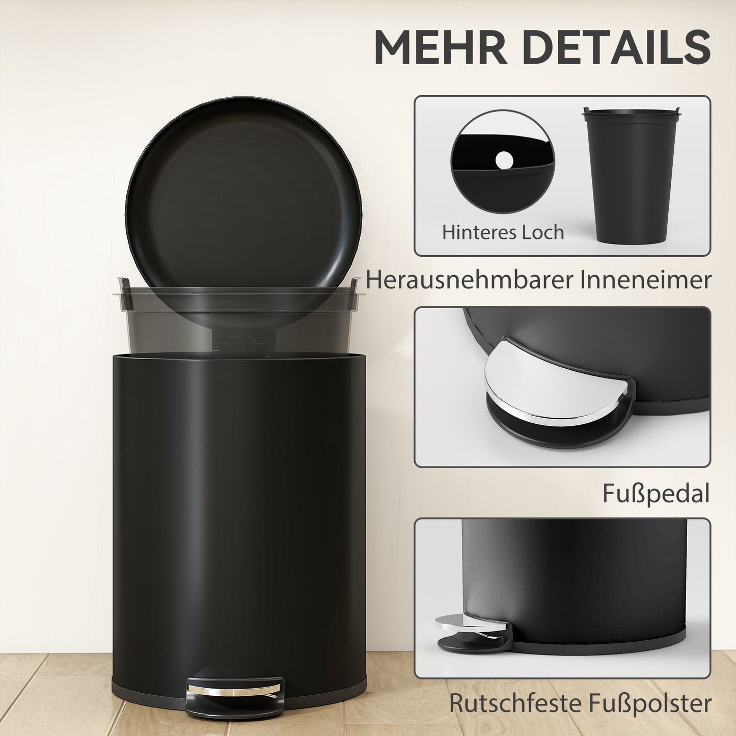 20L Pedal Trash Bin, Soft-Close Lid, Black Metal