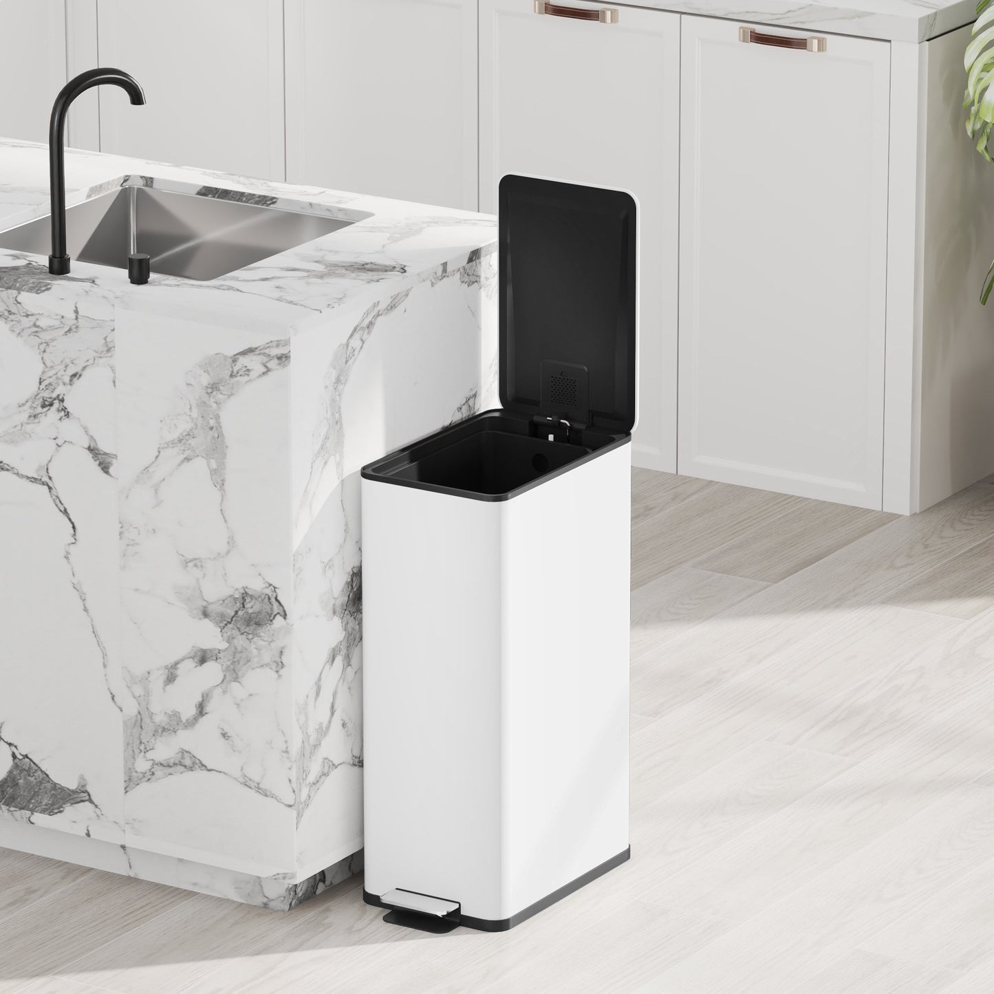 20L Trash Can, Soft-Close Lid, Stainless Steel, White