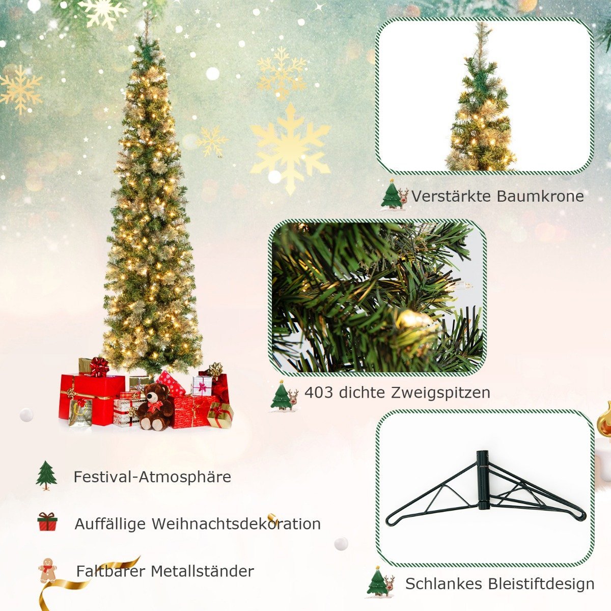210cm Pre-Lit Half Tree Christmas Tree Half Artificial Tree