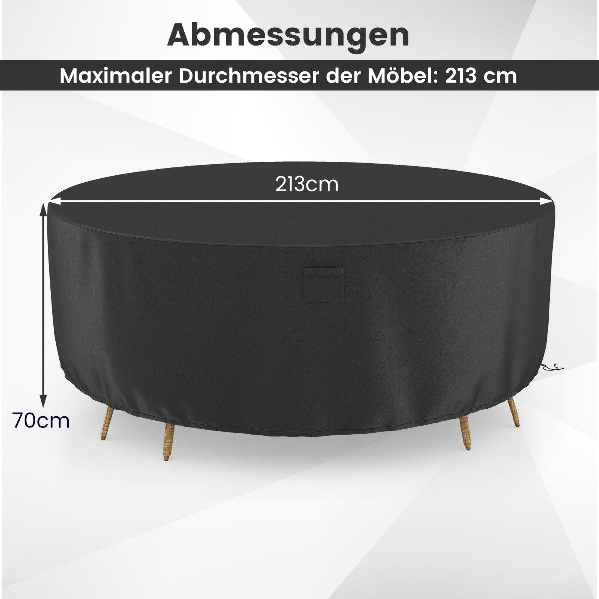 Ø 213 cm round patio furniture cover with ventilation slots & buckles & cords black