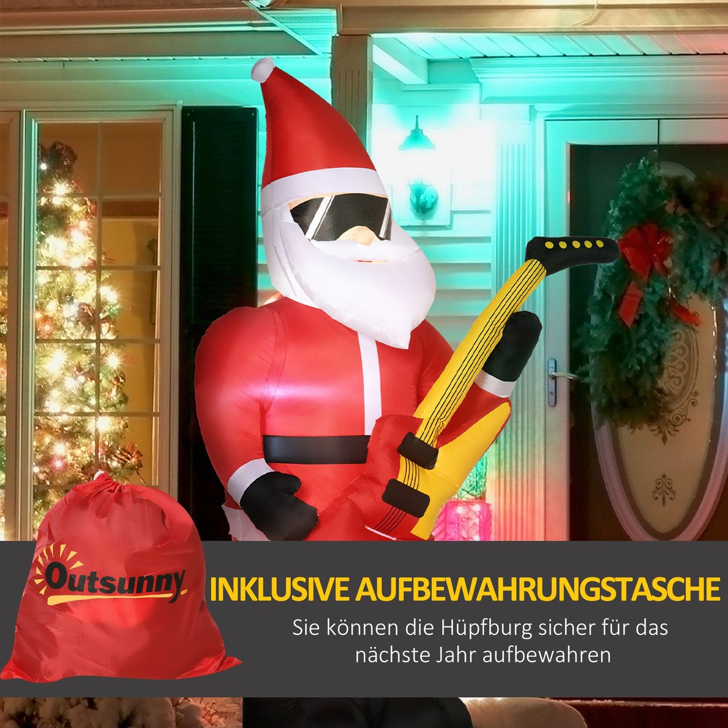 Inflatable Santa with guitar & LED lights, 215 cm waterproof