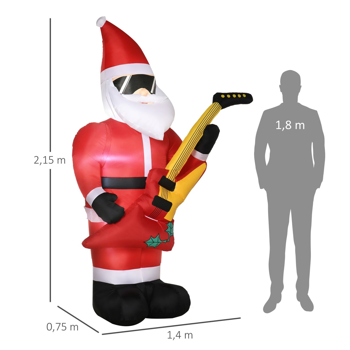 Inflatable Santa with guitar & LED lights, 215 cm waterproof