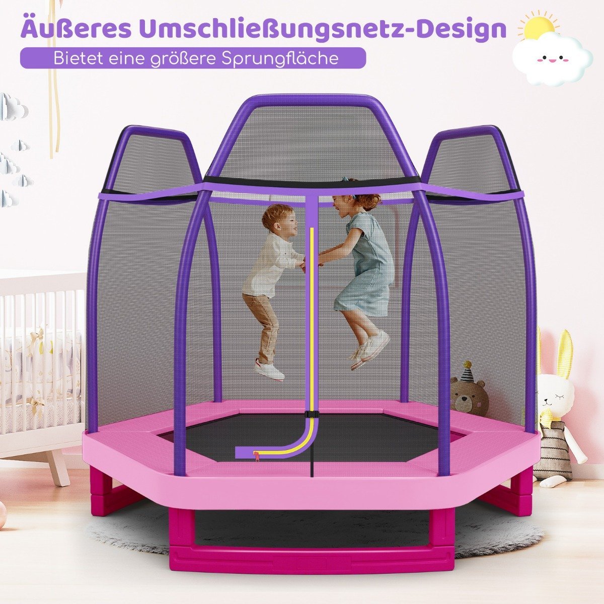 Ø223cm garden trampoline with safety net indoor/outdoor trampoline for children pink