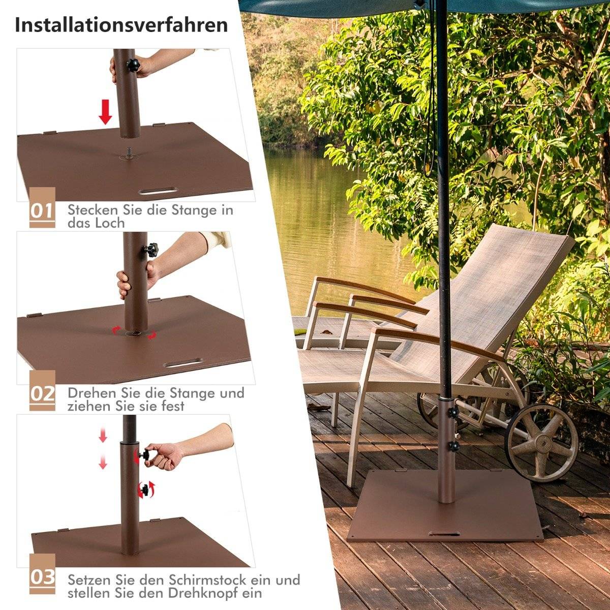 22.5 kg heavy parasol base square umbrella base on wheels for outdoor use brown