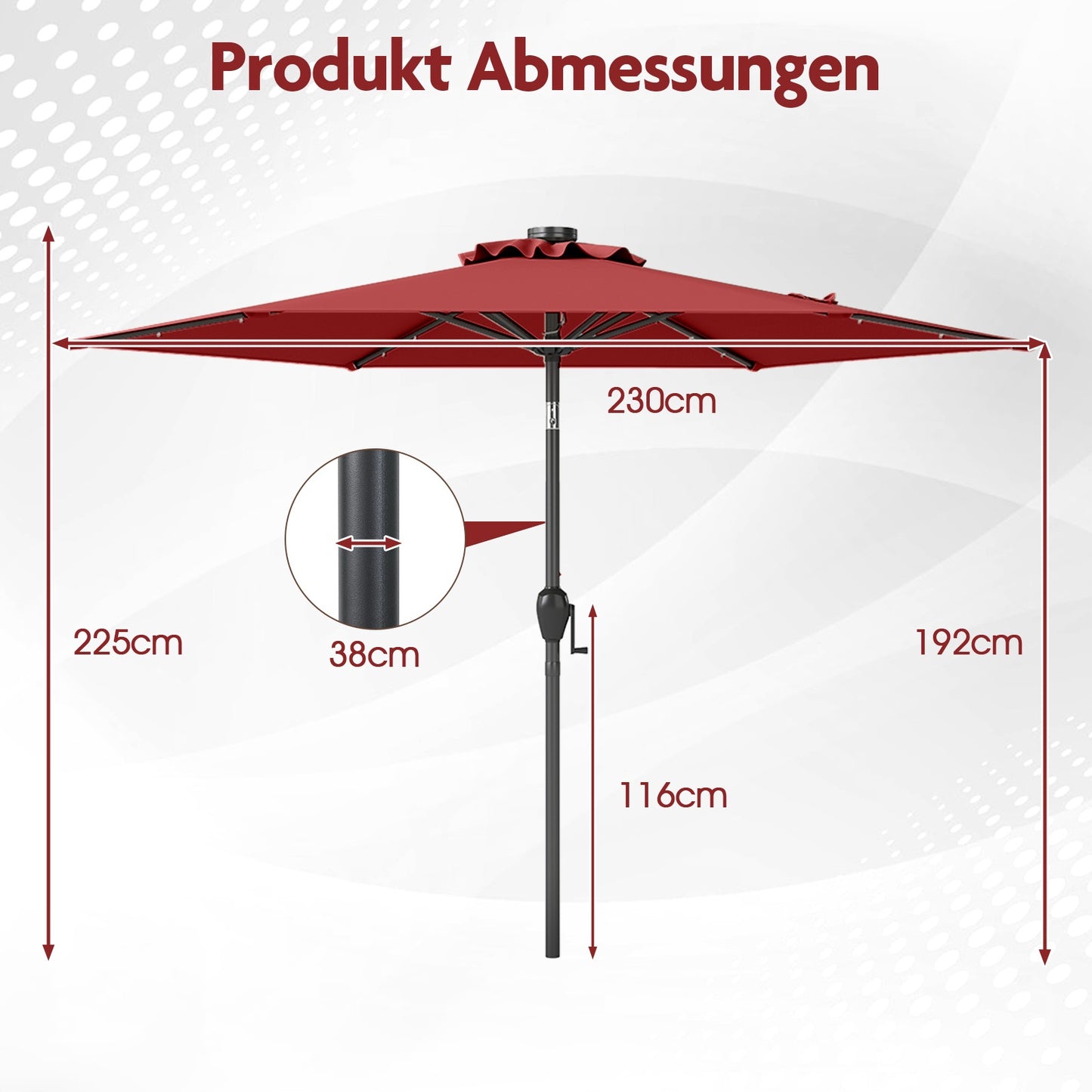 230 cm Patio Umbrella with LED Solar Lights & Crank