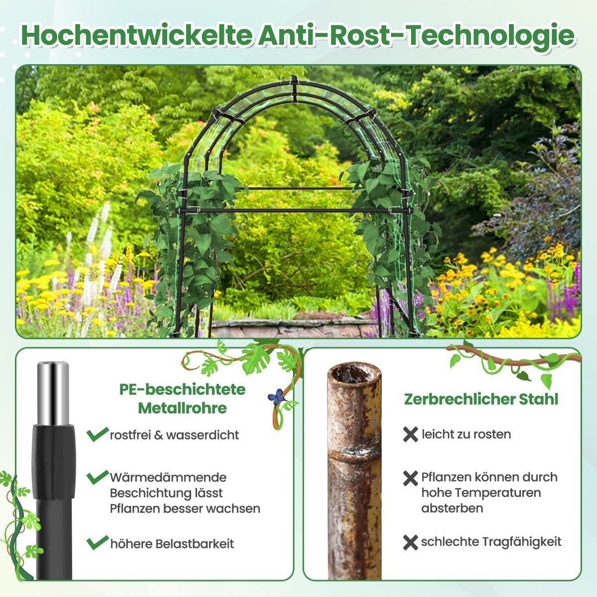 230 cm high garden arch for climbing plants with PE-coated metal structure climbing aid