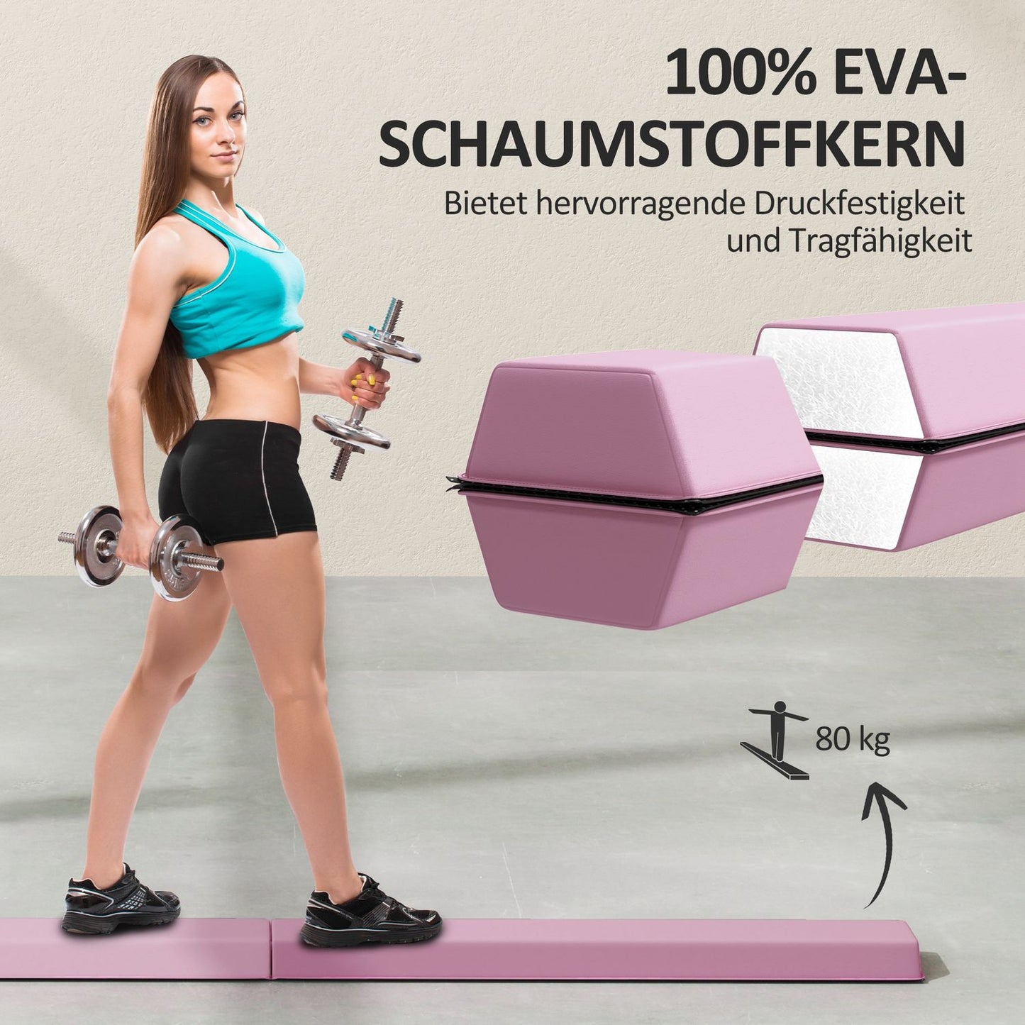 Portable 236 cm non-slip pink gymnastic beam for children