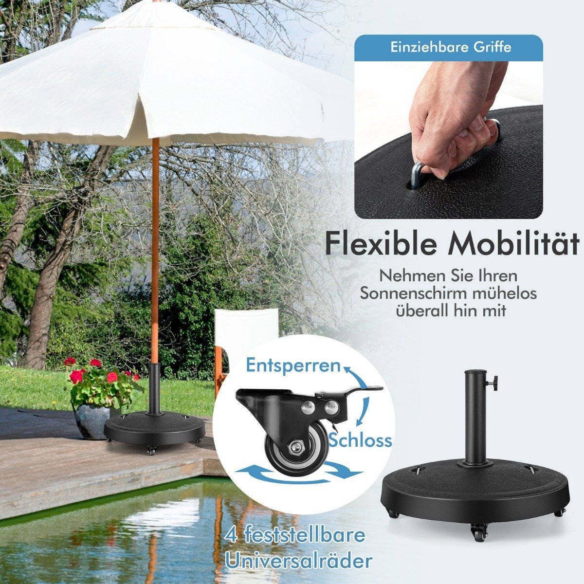 23 kg parasol stand with wheels and handles umbrella stand for umbrella poles of 38/48 mm Ø52 cm market umbrella stand