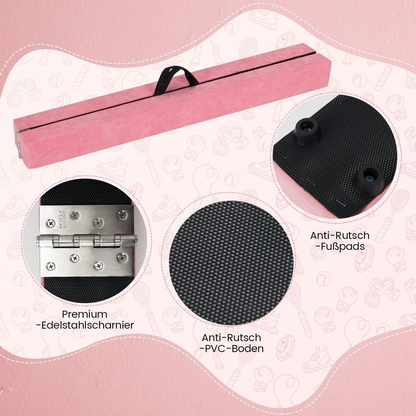240 cm Folding Gymnastics Beam with Suede Cover, Pink