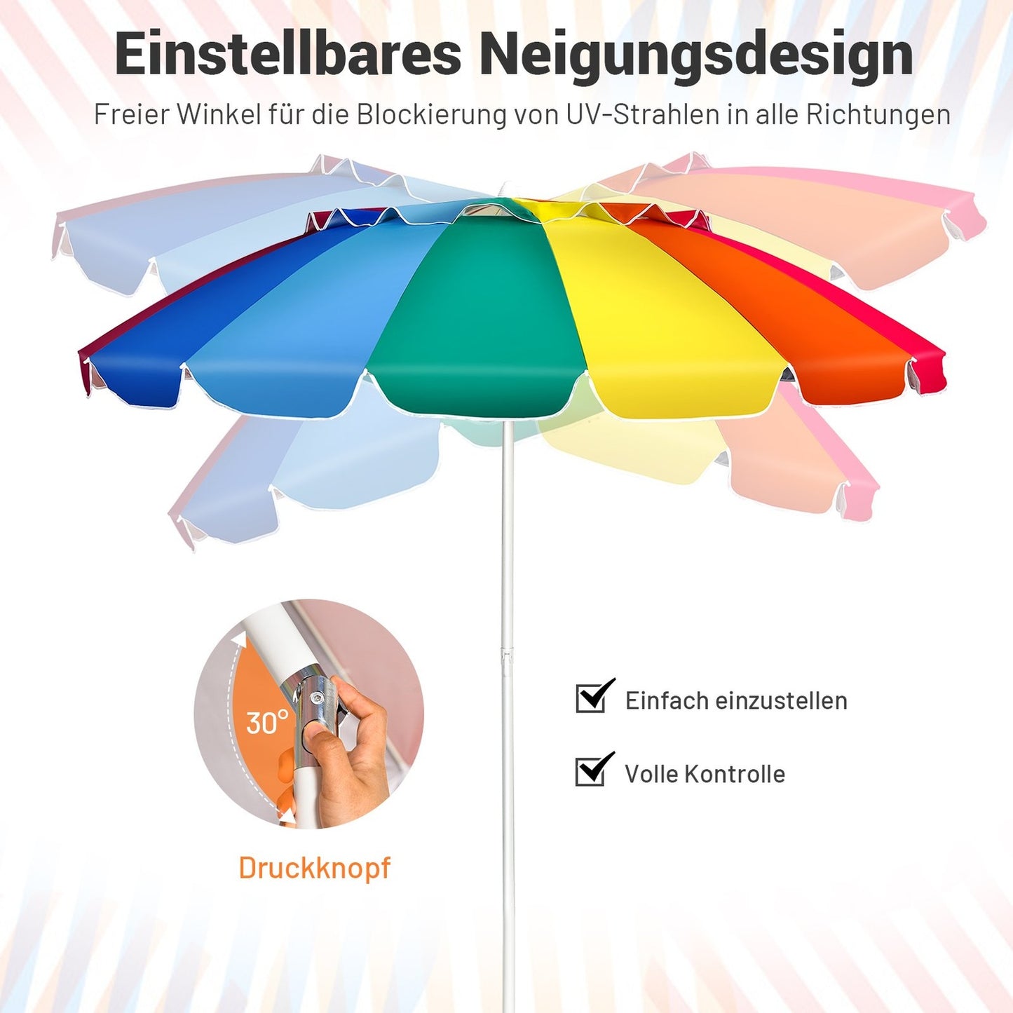 243cm Beach Parasol Outdoor Parasol Beach Umbrella Aluminum Tiltable Patio Umbrella - Colorful