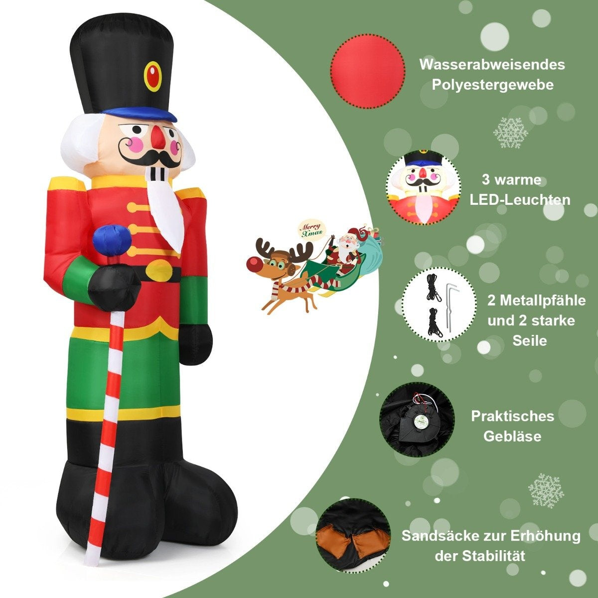 2.4m High Inflatable Christmas Nutcracker Soldier with 3 LED Lights and Candy Stick Colorful