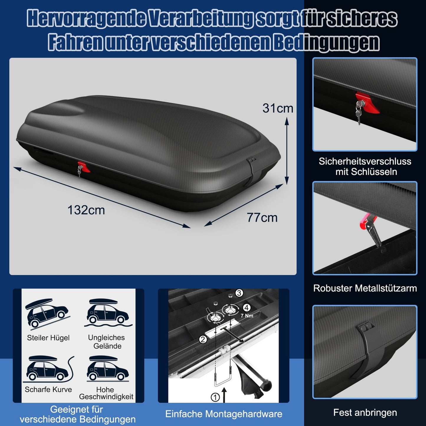 250L Roof Cargo Box with Lock, Keys & Straps